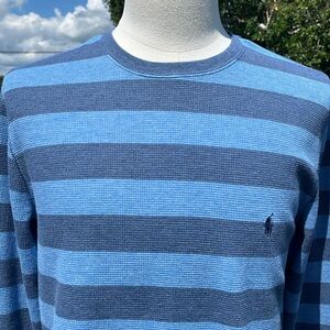 -Polo Ralph Dark Blue/Light Blue Stripes Thermal Crewneck L/S Navy Rider Men's L